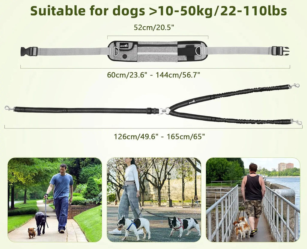 Fast Shipping：Hands Free Dog Leash Dual Bungee Adjustable Waist Belt Running Walking