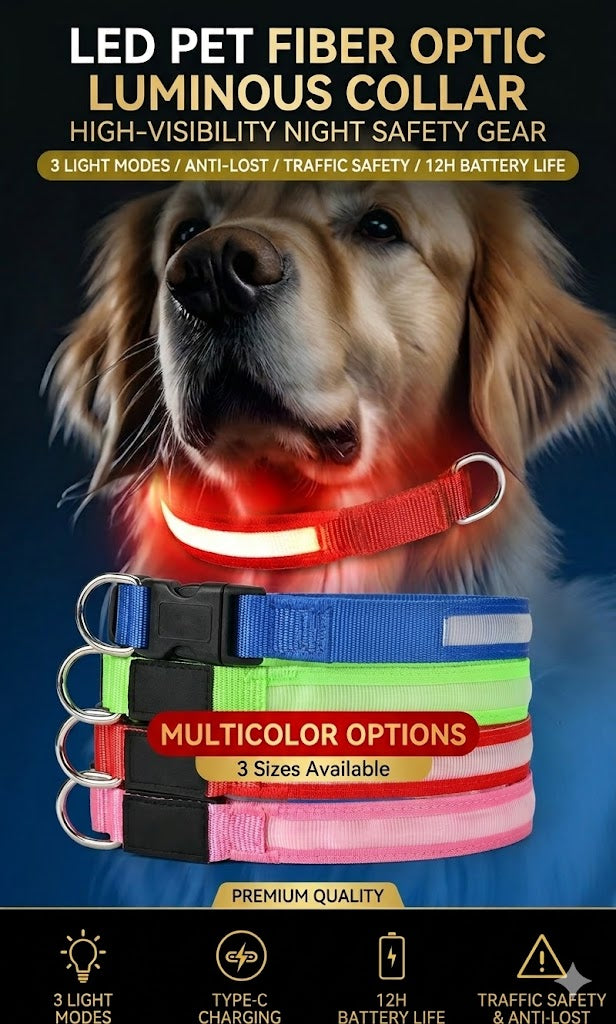 LED Dog Collar USB Rechargeable - Super Bright Fiber Optic Glowing Dog Collar | 3 Lighting Modes Night Safety Light Up Collar for Small Medium Large Dogs - Waterproof & Durable Nylon