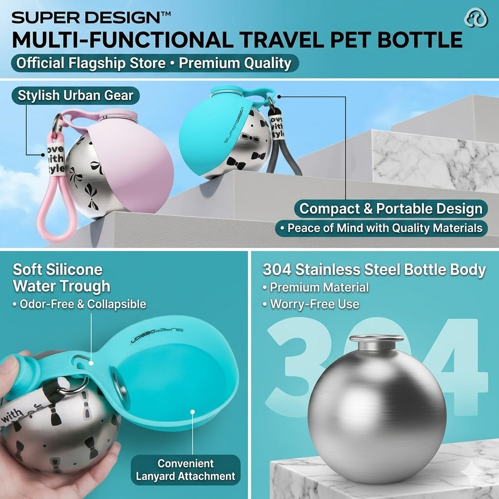 Portable Stainless Steel Dog Water Bottle - Foldable Sphere Travel Drinker for Small Dogs & Cats | Leak-Proof 304 Stainless Steel Outdoor Pet Water Dispenser