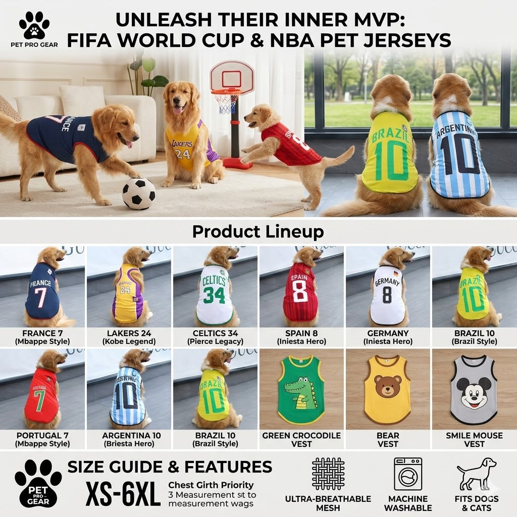 Soccer Dog Jersey World Cup Collection: Lightweight Mesh Pet Clothes for Small to Large Dogs & Cats – Argentina, Portugal, France & More